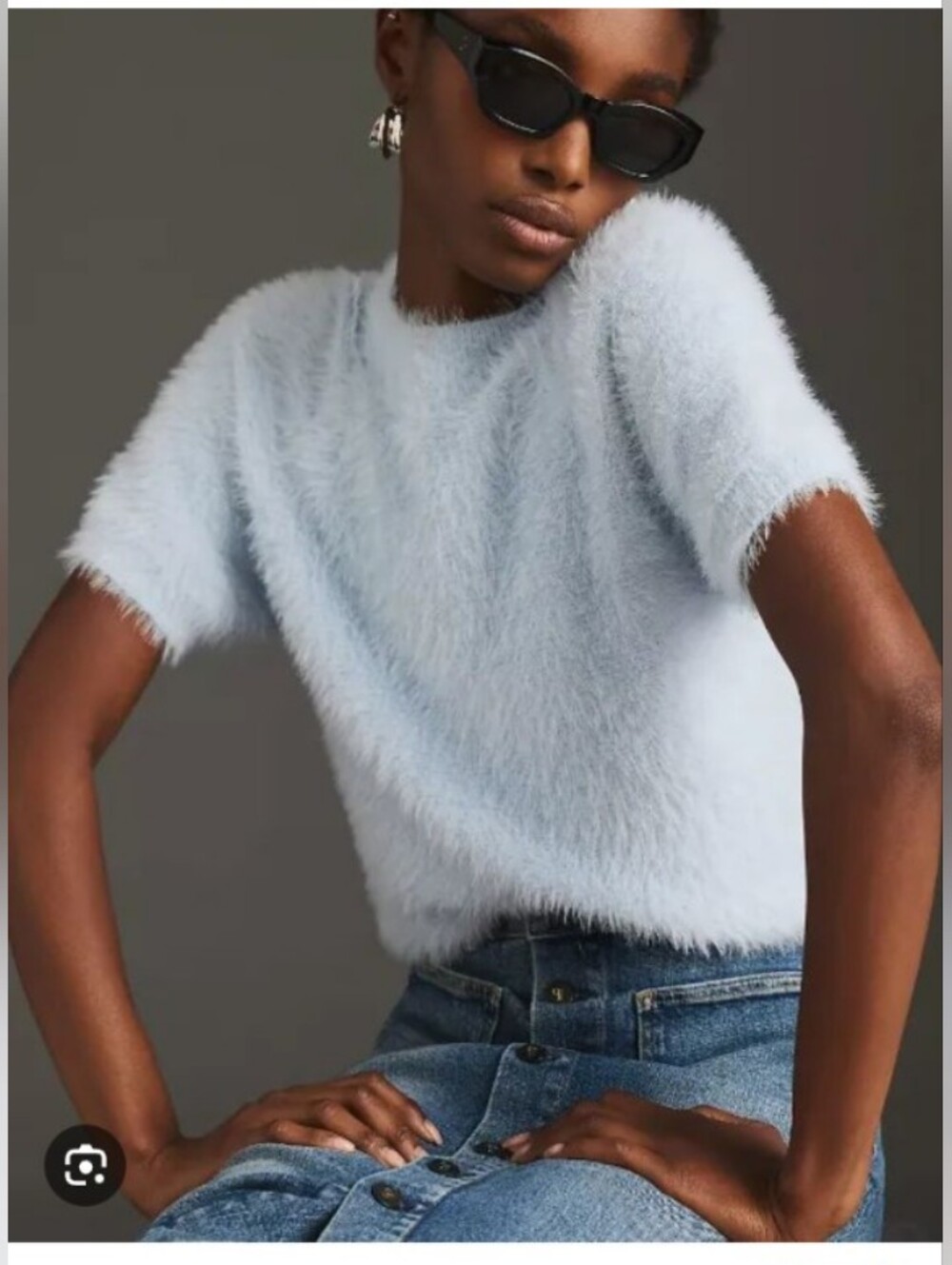 Pilcro Pale Blue Fuzzy Short-Sleeve Crewneck Sweater